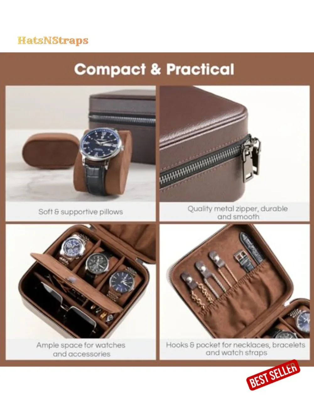PU Leather Travel Watch Case, 3 Slots Zippered Organizer for Men